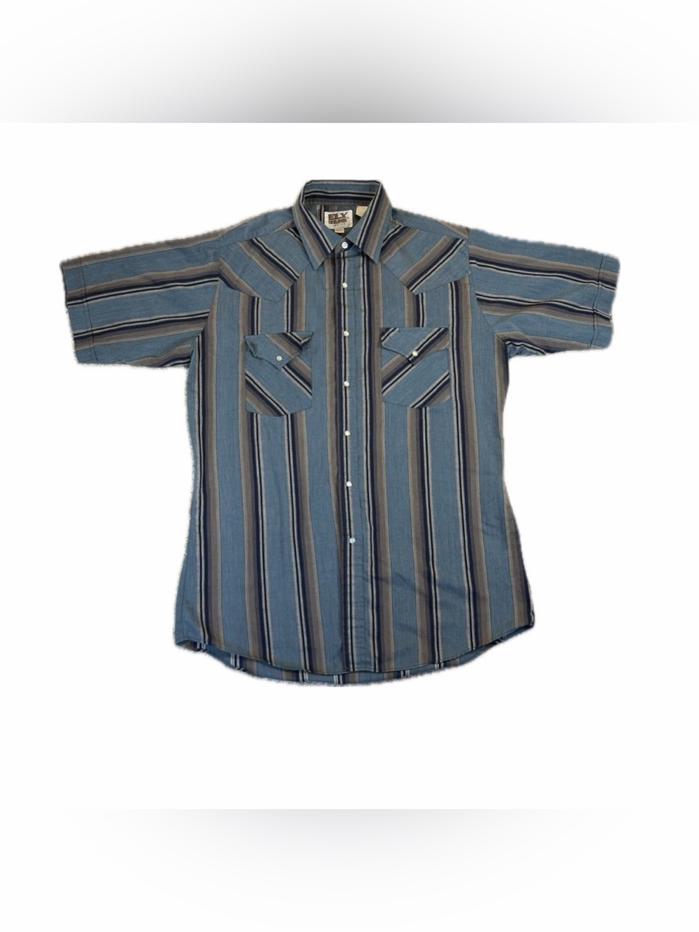 Ely Cattleman Pearl Snap Shirt Mens M Blue Striped Western Short Sleeve Vintage